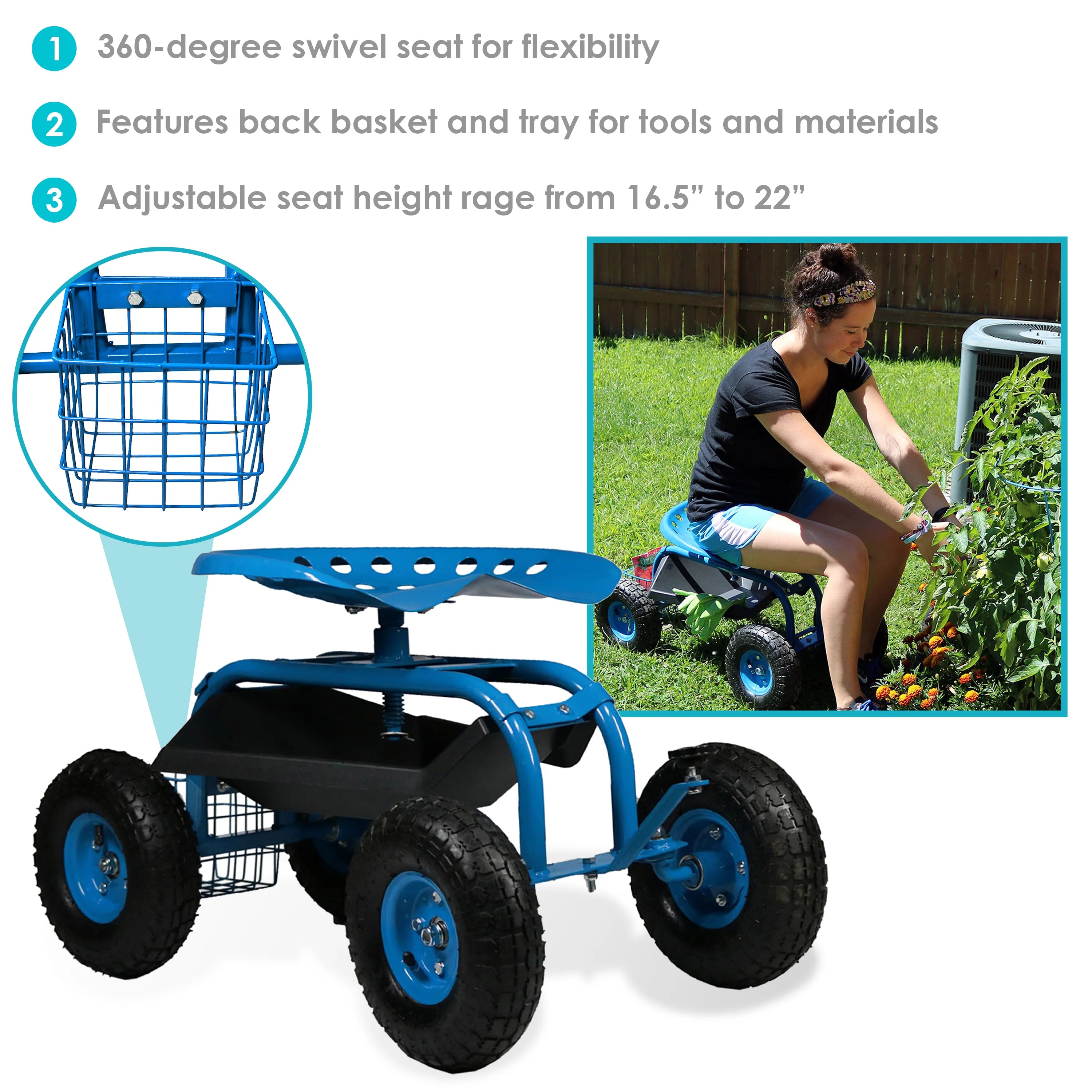 2025 Carrito de Jardín Rodante Sunnydaze con Asiento de Trabajo y Manillar de Dirección