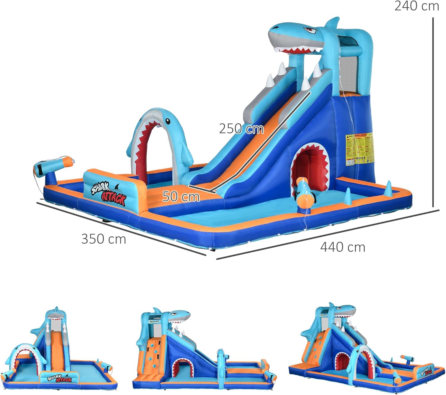 Outsunny Children's Inflatable Castle 6 in 1 Inflatable Castle for Children with Slide Pool Climbing Wall Water Cannon and Shark Themed Carry Bag 440x350x240cm Multicolor