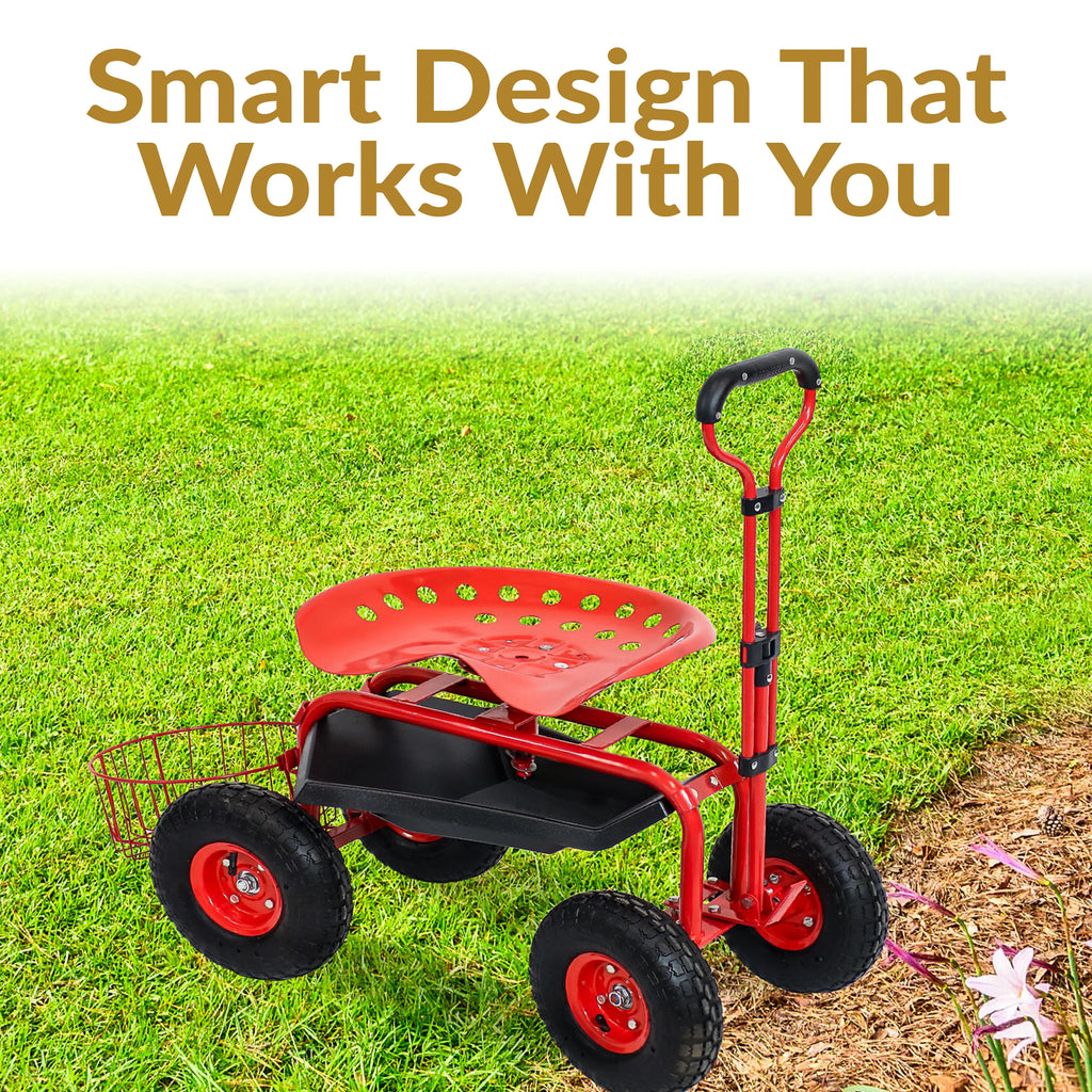 2025 Carrito de Jardín Rodante Sunnydaze con Asiento Giratorio, Manillar y Cesta