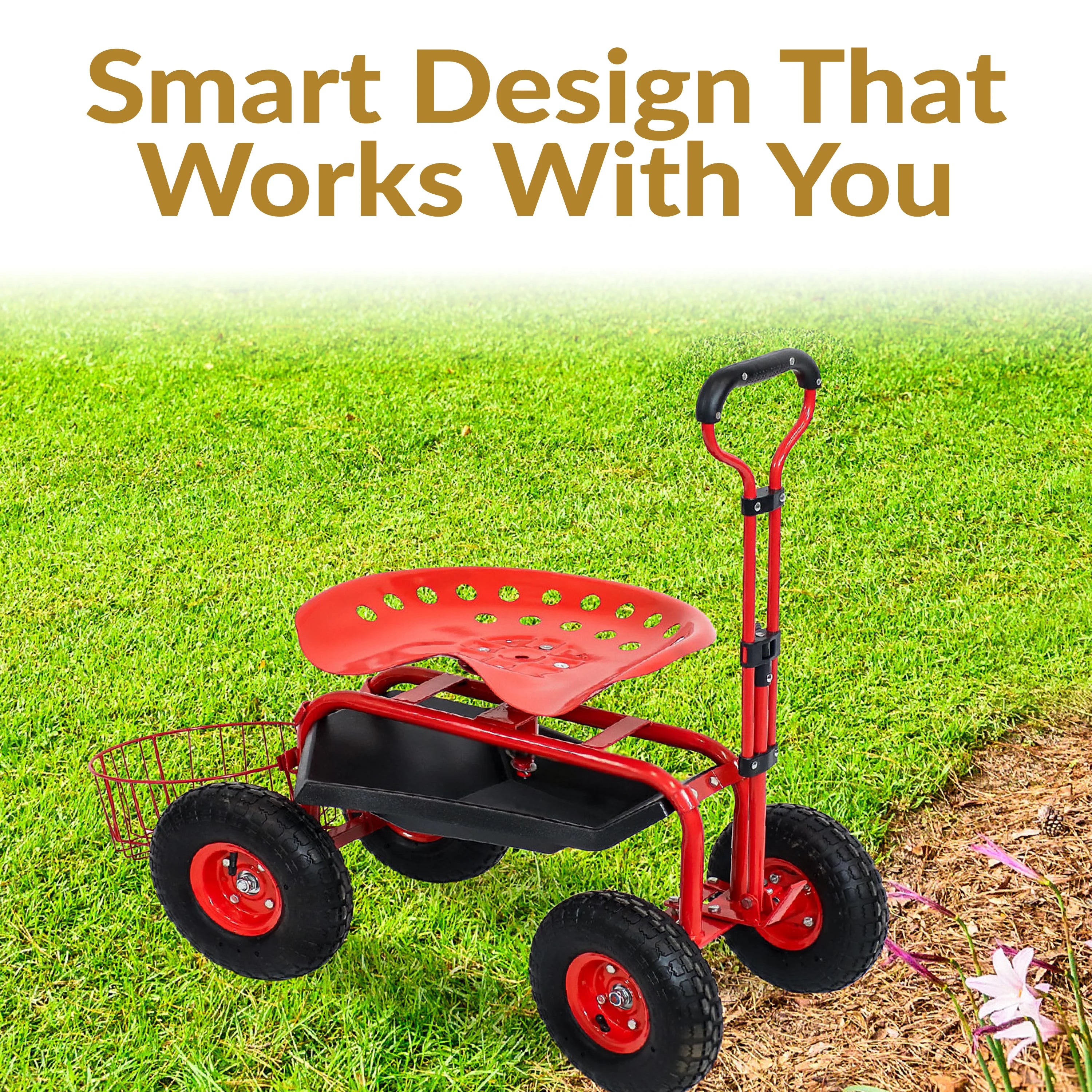 2025 Carrito de Jardín Rodante Sunnydaze con Asiento Giratorio, Manillar y Cesta