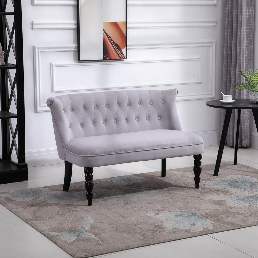 Sofá loveseat vintage, sillón capitoné con patas talladas y marco de madera, gris
