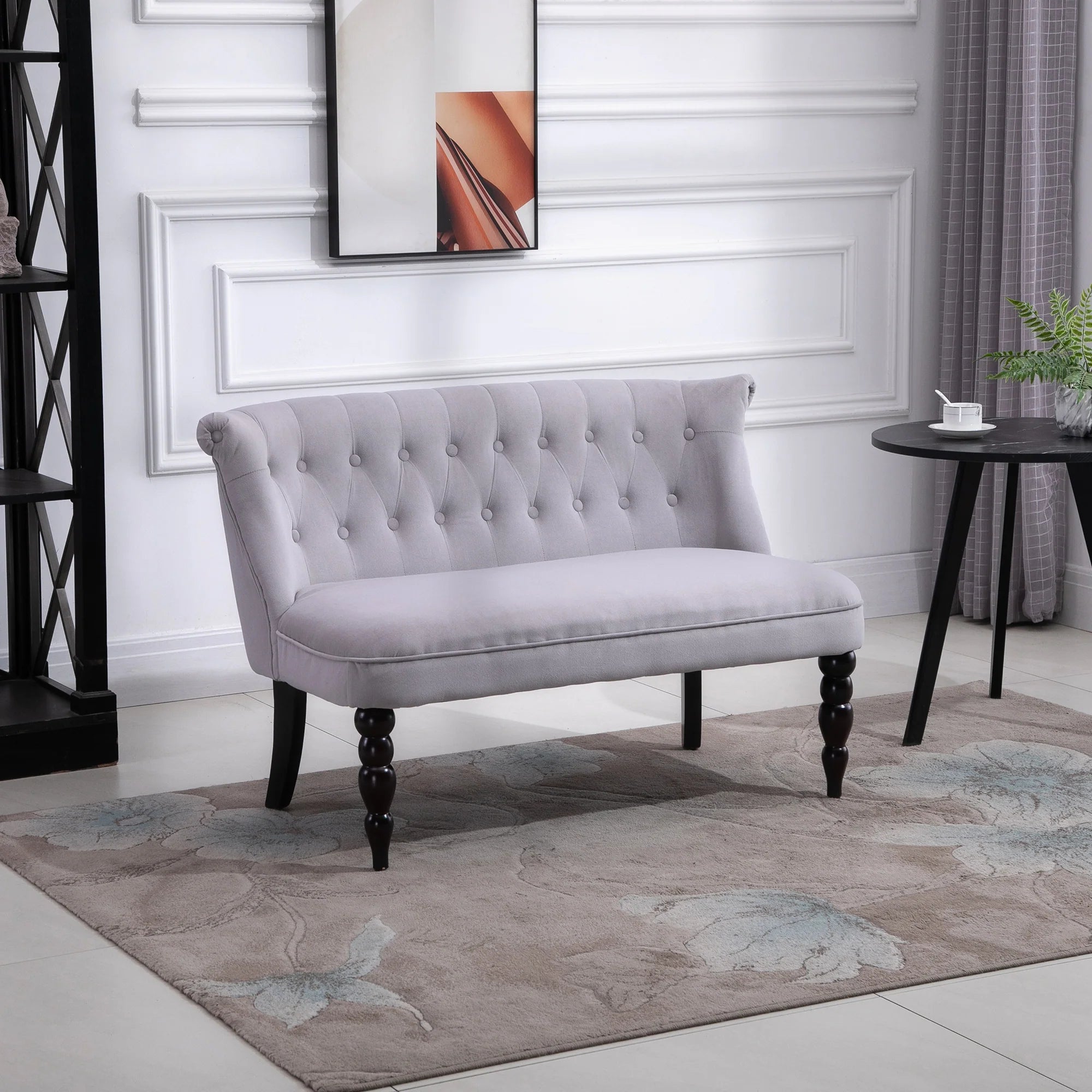 Sofá loveseat vintage, sillón capitoné con patas talladas y marco de madera, gris