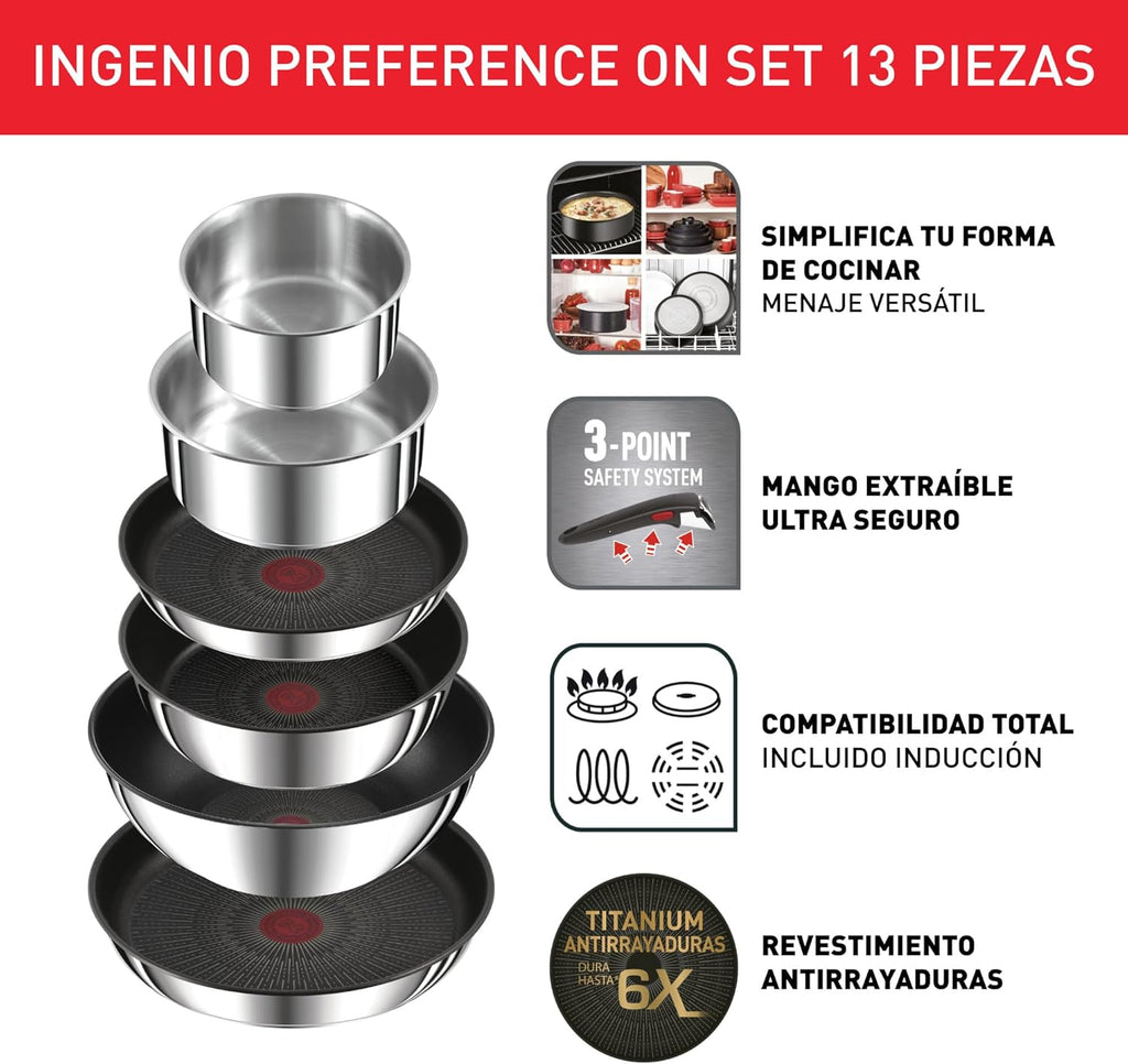 Tefal Ingenio Preference On Set of 2 Frying Pans 24/28 cm + 2 Saucepans 16/20 cm + 24 cm Pot + 26 cm Wok + 2 Removable Handles + 5 Accessories | Induction Safe, Non-Stick, PFOA Free