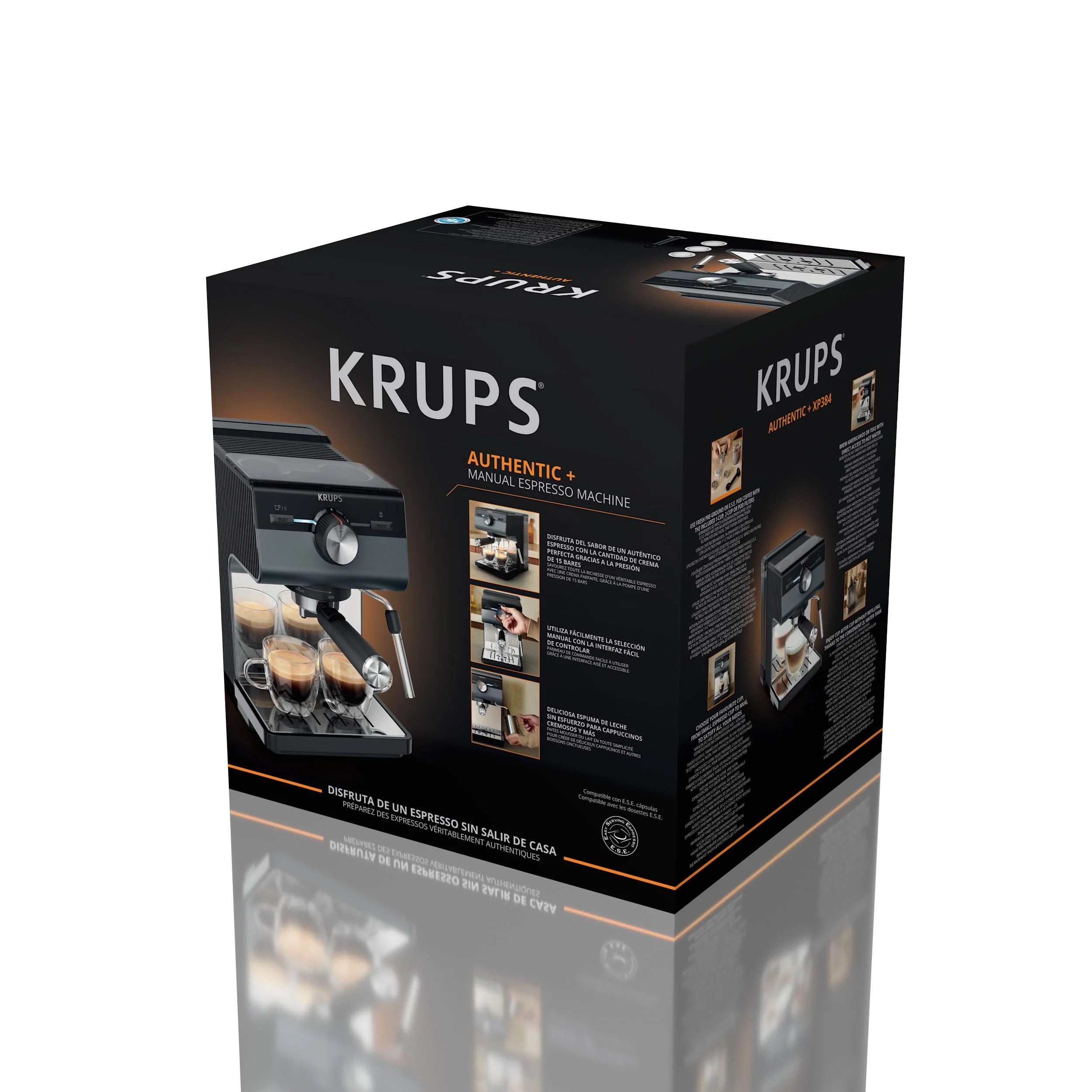 Krups Virtuoso Essential - Cafetera espresso 15 bar, acero inox negro, diseño compacto y elegante, parada automática, espresso y cappuccino, Thermoblock, boquilla de vapor, incluye cuchara, XP4418