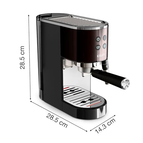 Krups Virtuoso Essential - Cafetera espresso 15 bar, acero inox negro, diseño compacto y elegante, parada automática, espresso y cappuccino, Thermoblock, boquilla de vapor, incluye cuchara, XP4418
