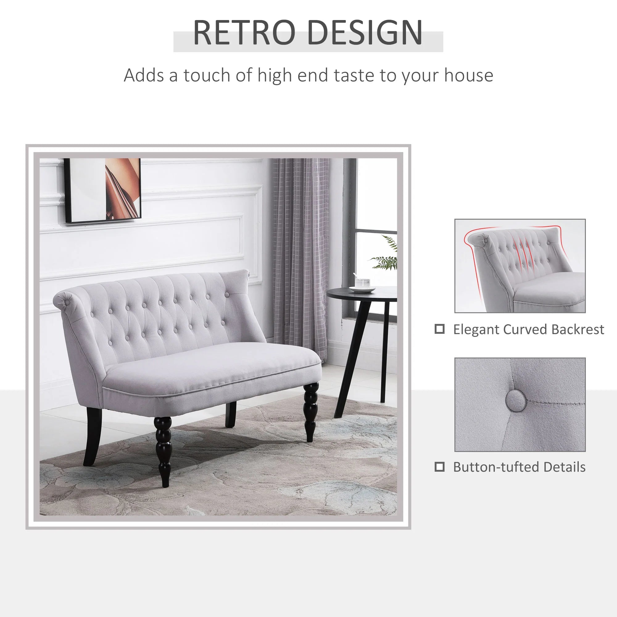 Sofá loveseat vintage, sillón capitoné con patas talladas y marco de madera, gris