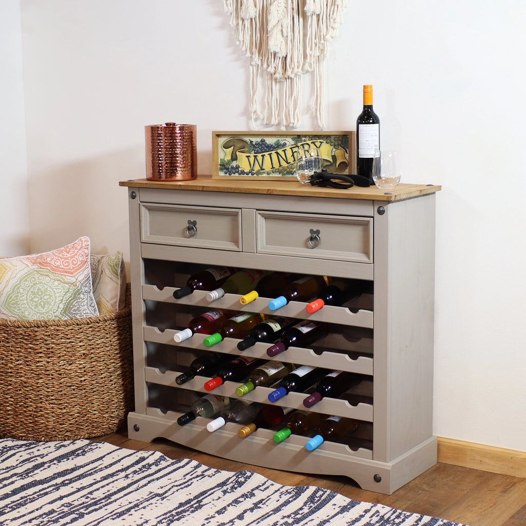2025 Mesa estante para vino de pino macizo Sunnydaze – 28 botellas, gris, 88 cm