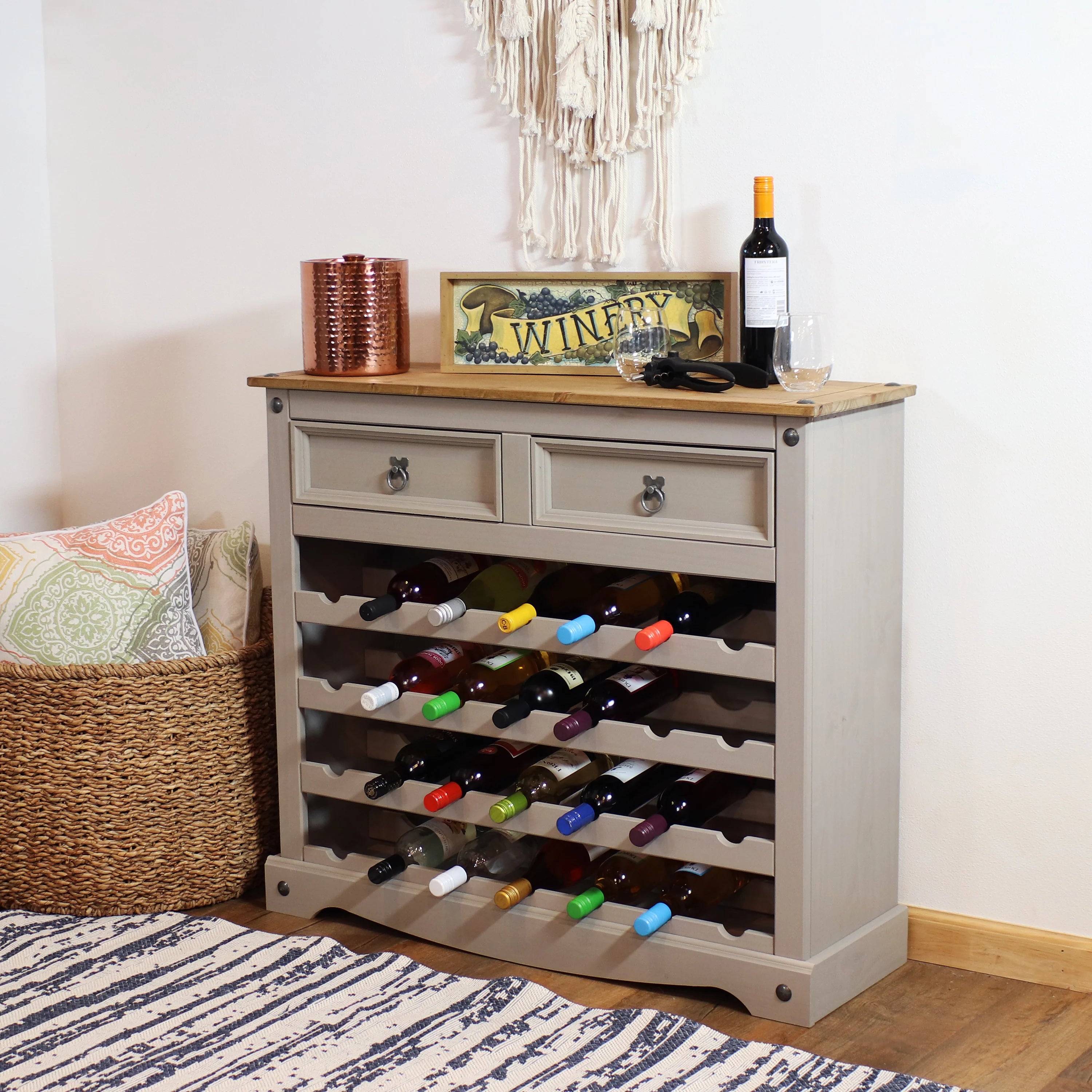 2025 Mesa estante para vino de pino macizo Sunnydaze – 28 botellas, gris, 88 cm