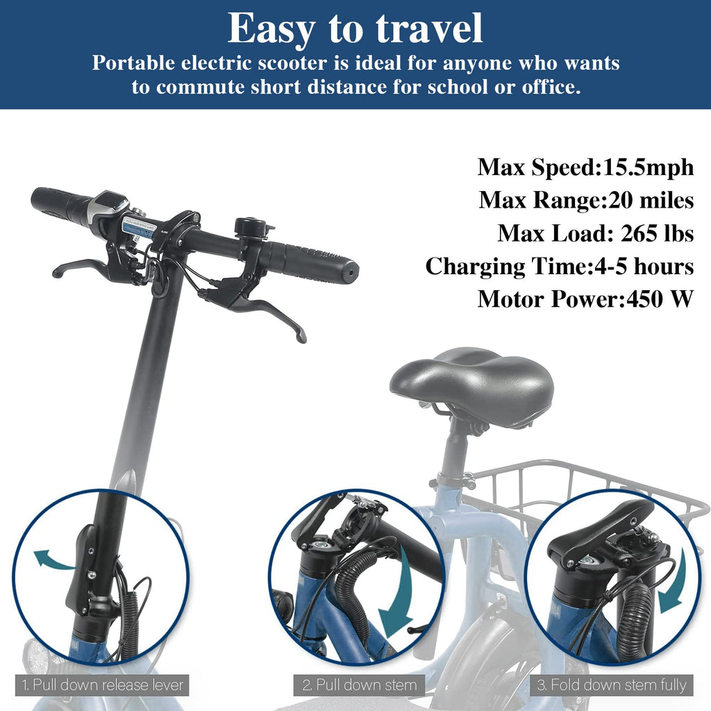 Patinete eléctrico plegable para adultos con asiento, motor sin escobillas de 450 W, neumáticos todoterreno de 12 pulgadas, autonomía de 32 km, ligero y portátil.