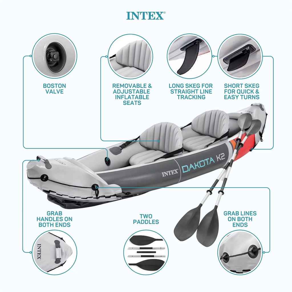 2025 Intex Dakota K2 Kayak inflable de vinilo para 2 personas, con remos y bomba – Caja abierta