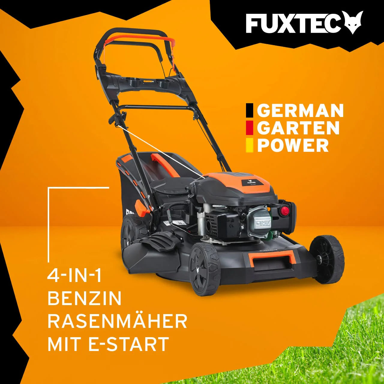 2025 Cortacésped de gasolina 4 en 1 FUXTEC FX-RM5196eS con motor ZIPGO, cortacésped de jardín con función de descarga lateral, ancho de corte 51 cm, motor de 4 tiempos con tracción trasera, ruedas grandes con rodamientos, bolsa de césped 60 L