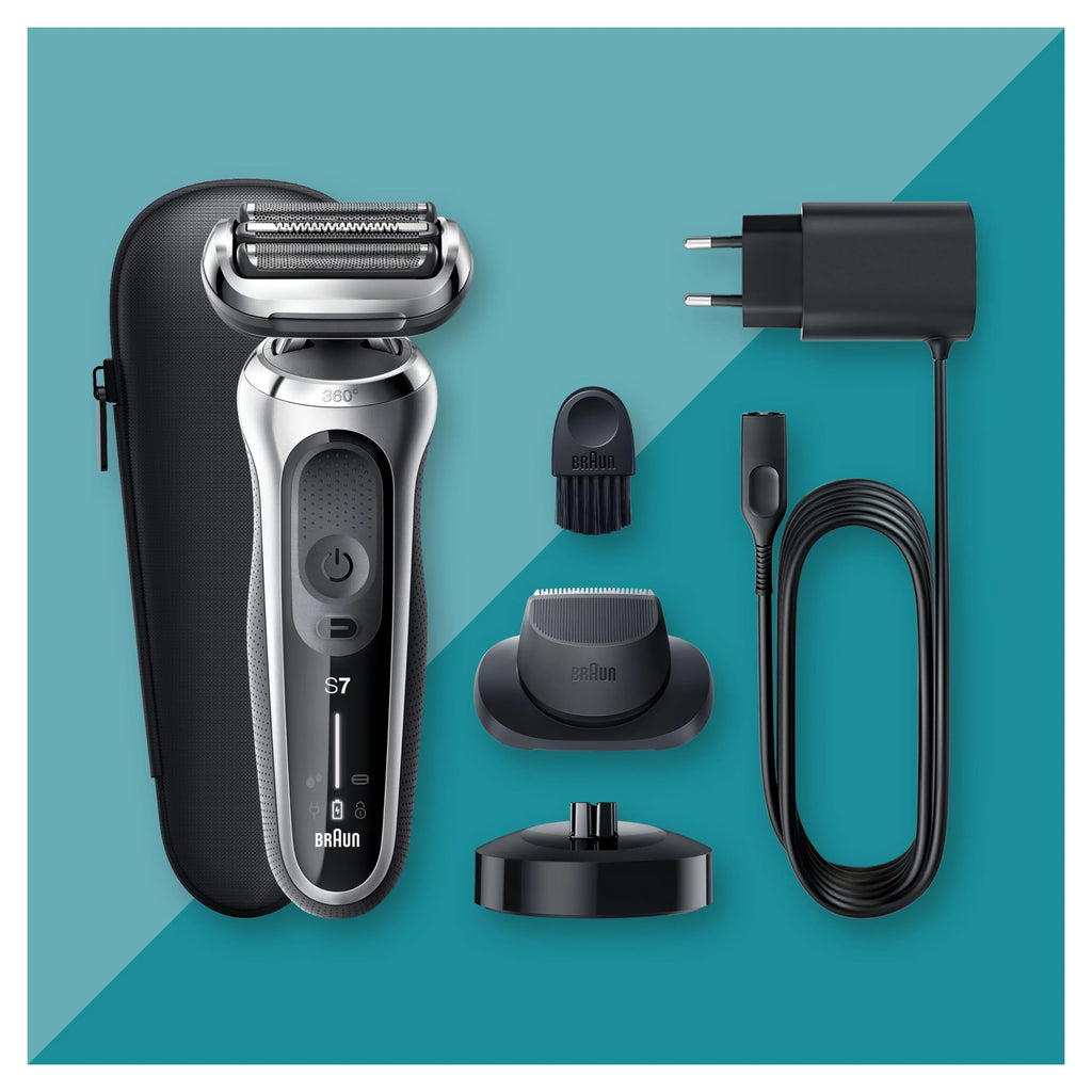 Braun Series 7 Afeitadora Eléctrica Hombre, Máquina de Afeitar Barba con Accesorio de Recortadora de Precisión, Base de Carga, uso en Seco y en Mojado, Recargable, Inalámbrica, 71-S4200cs, Plata