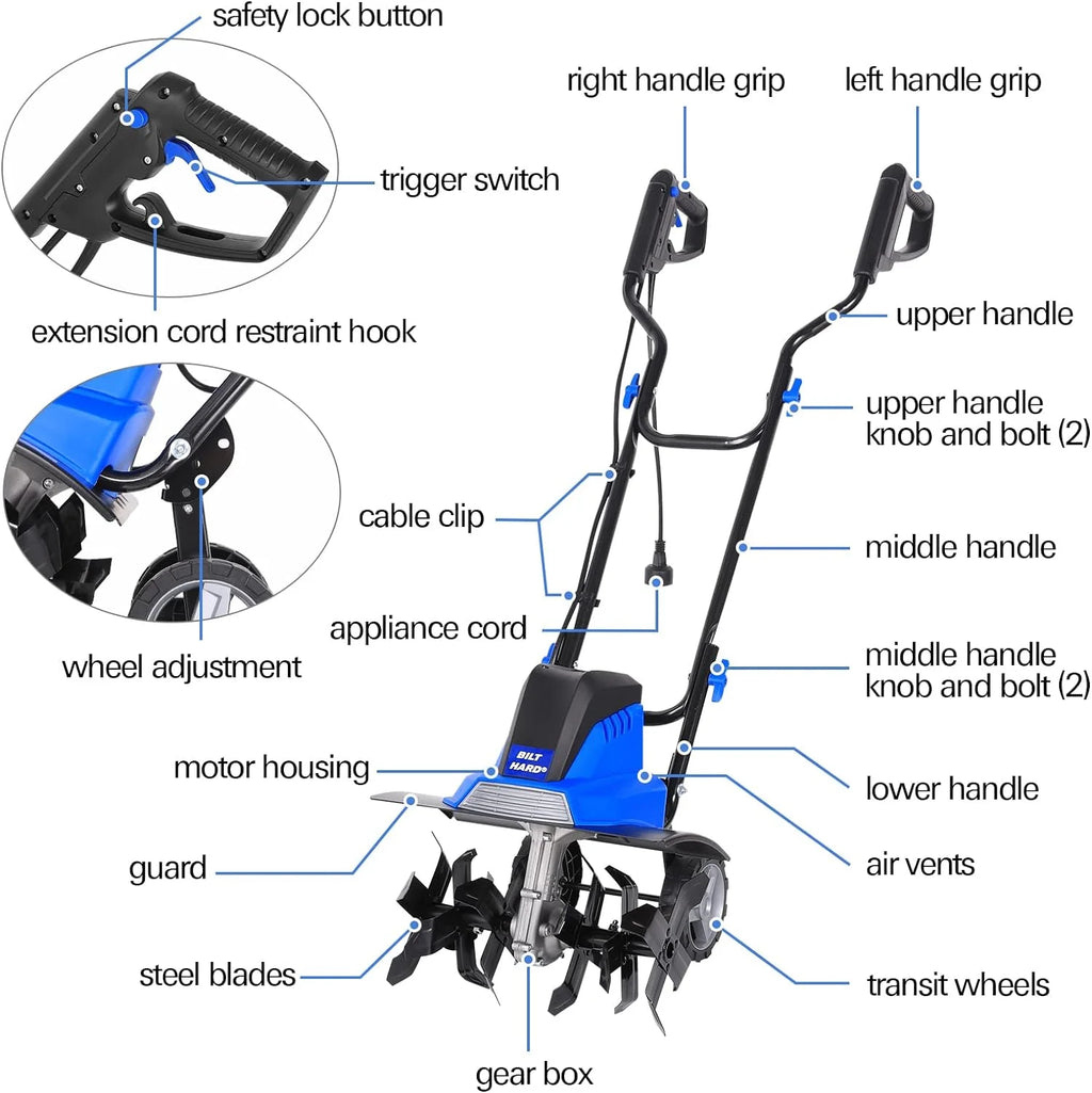2025 Motocultor eléctrico BILT HARD de 16 pulgadas, 13,5 A, 6 dientes de acero, con ruedas ajustables.