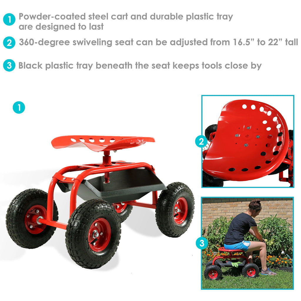 2025 Carrito de Jardín Rodante Sunnydaze con Asiento Giratorio de 360 Grados y Bandeja para Herramientas