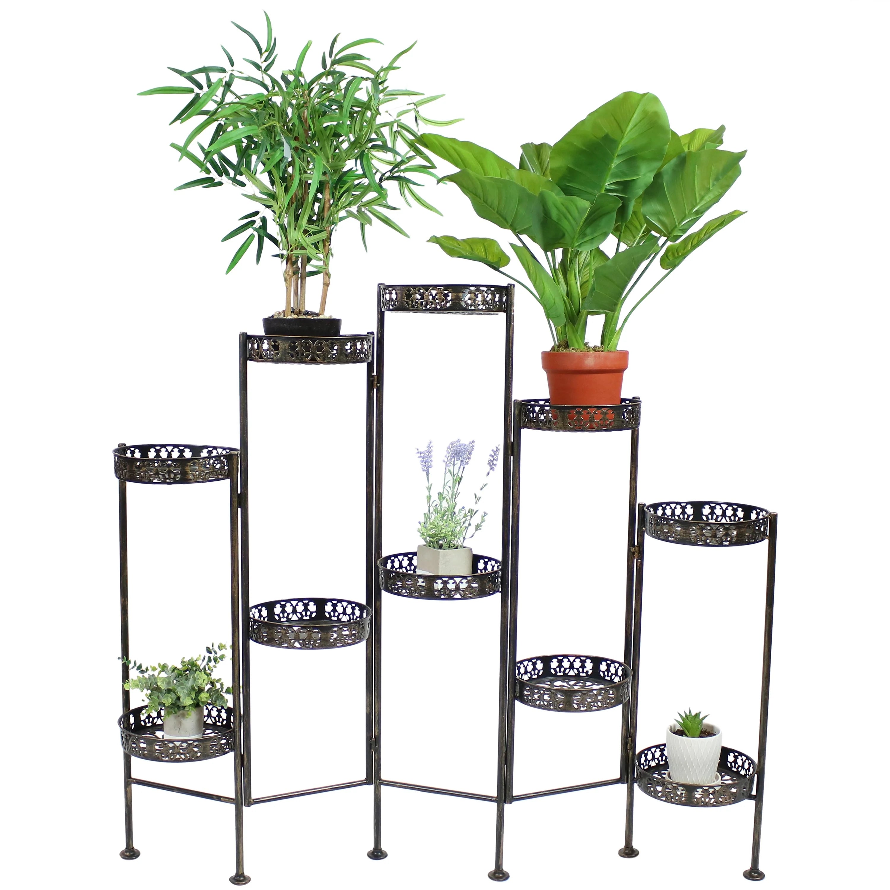 2025 Soporte Plegable para Plantas Sunnydaze de Acero en Bronce con 10 Niveles para Interior y Exterior - Altura 117 cm