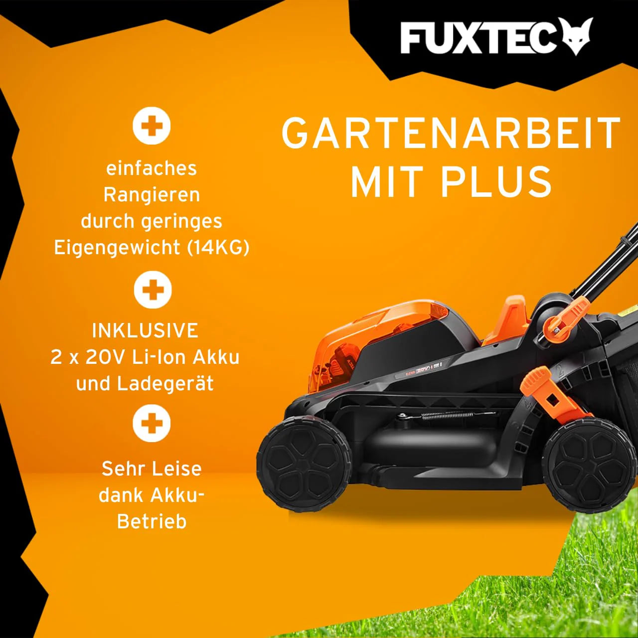 2025 Cortacésped inalámbrico FUXTEC 40V (2x20V) E1RM20 con 2 baterías Li-Ion 20V 2Ah y cargador doble – Ancho de corte 33 cm, altura de corte variable