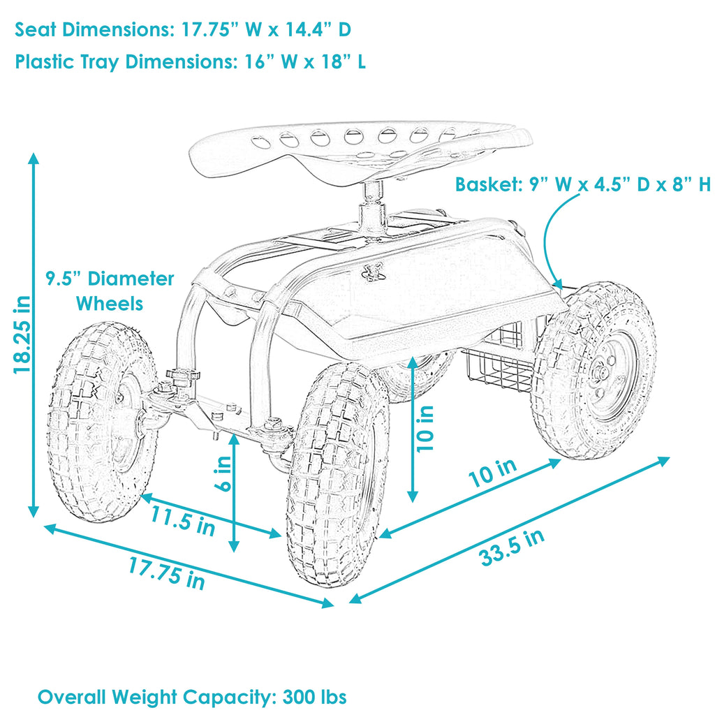 2025 Carrito de Jardín Rodante Sunnydaze con Asiento de Trabajo y Manillar de Dirección