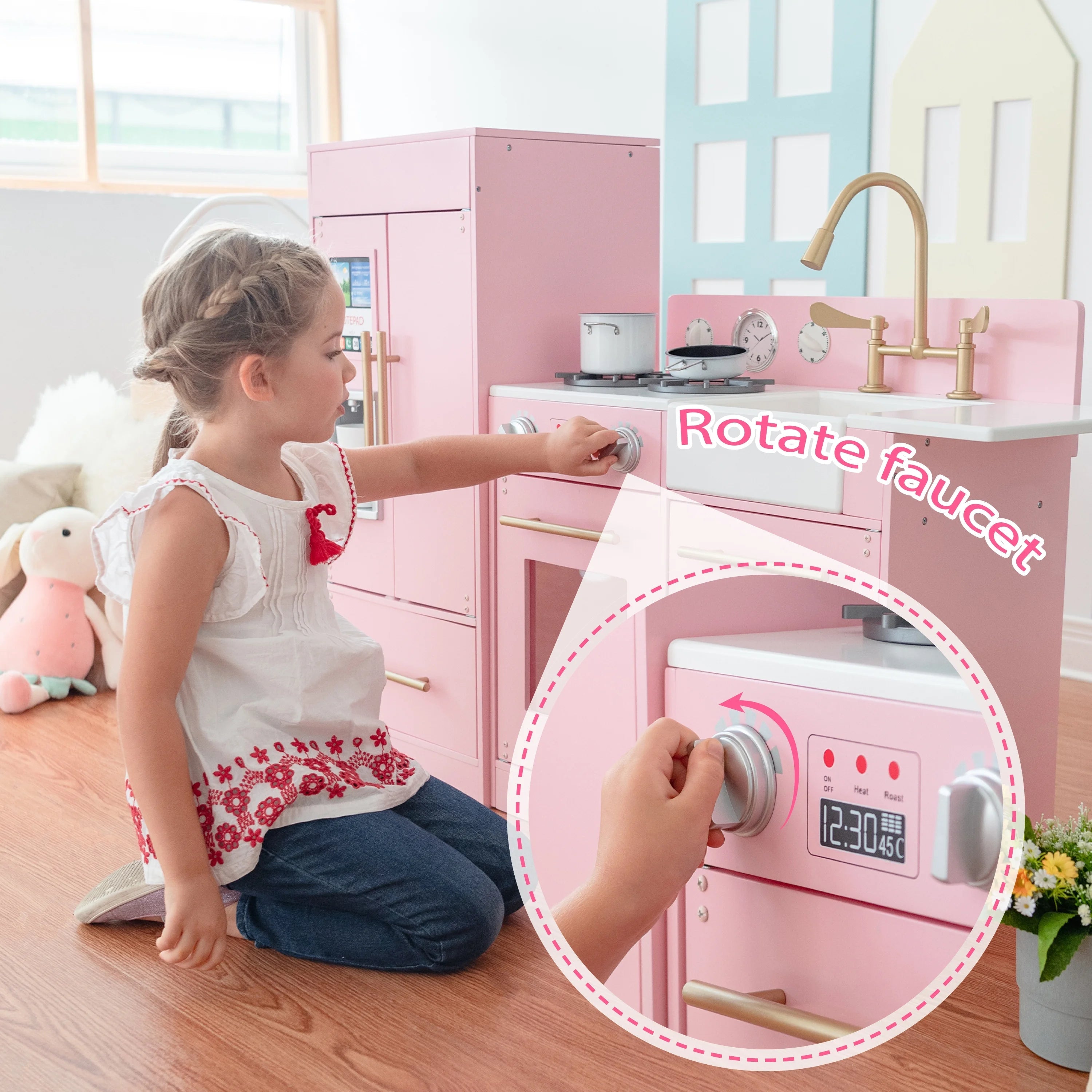 2025 Cocina de Juguete Little Chef Charlotte Moderna para Niños con Refrigerador Independiente, Unidad de Cocina Separada y Características Interactivas, Rosa