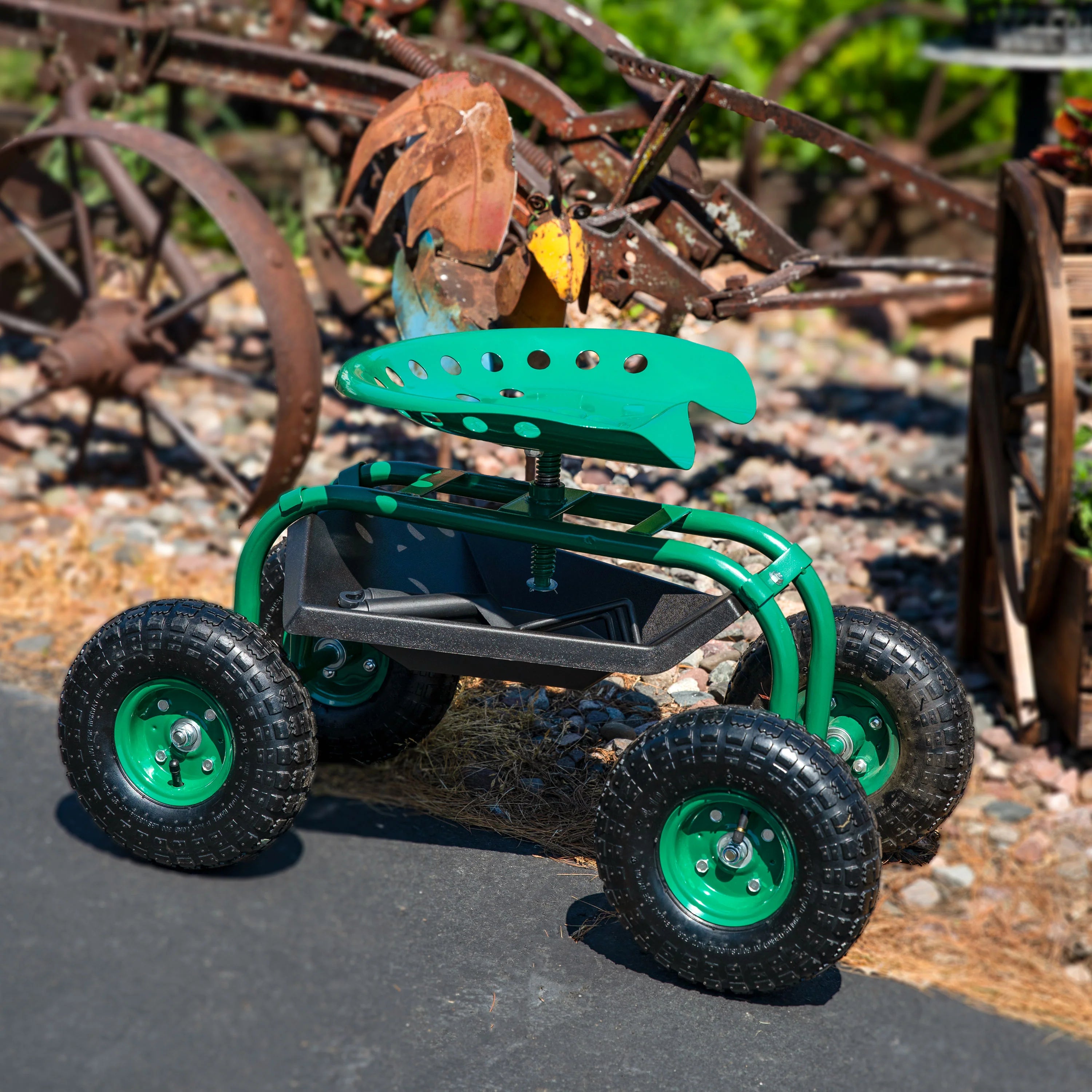 2025 Carrito de Jardín Rodante Sunnydaze con Asiento Giratorio de 360 Grados y Bandeja para Herramientas