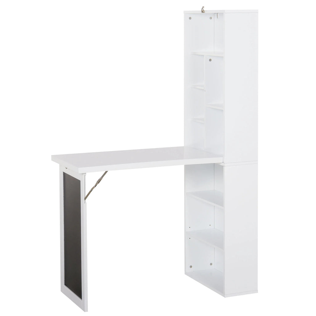 Escritorio de Ordenador de Pared – Mesa de Estudio Abatible con Pizarra y Estantería, Blanco