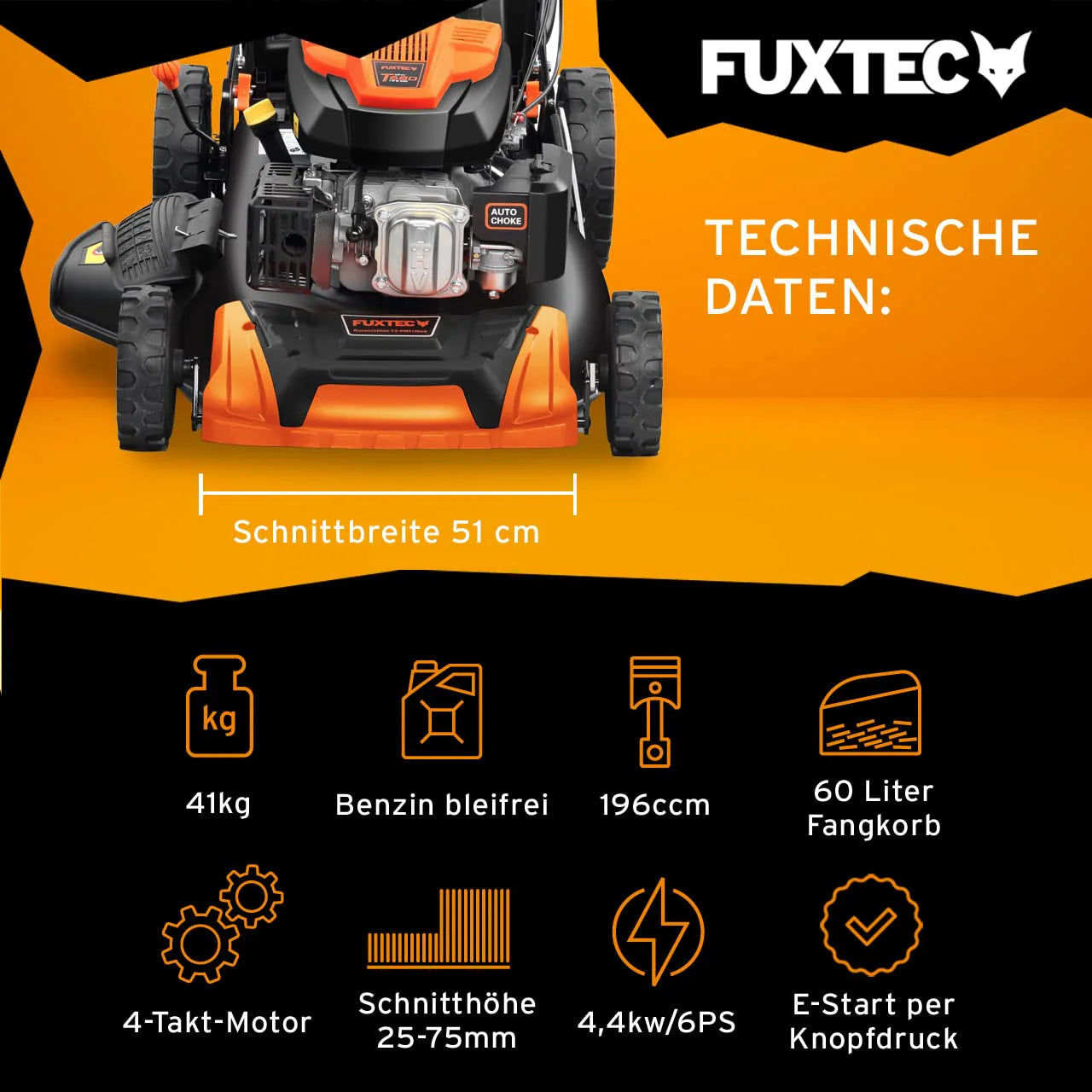 2025 Cortacésped de gasolina 4 en 1 FUXTEC FX-RM5196eS con motor ZIPGO, cortacésped de jardín con función de descarga lateral, ancho de corte 51 cm, motor de 4 tiempos con tracción trasera, ruedas grandes con rodamientos, bolsa de césped 60 L