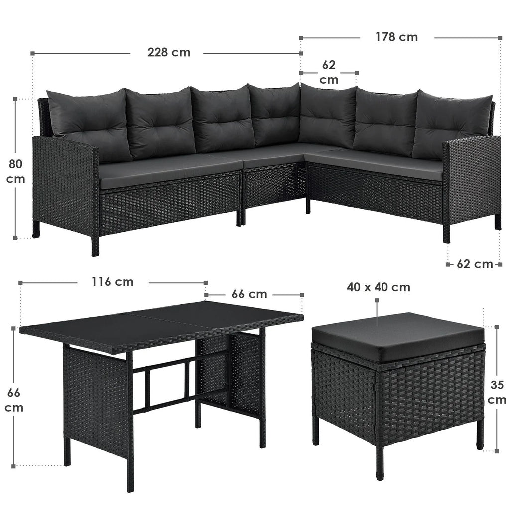 2025 Conjunto de jardín de resina trenzada Manacor negro con mesa, 2 pufs y cojines gris oscuro