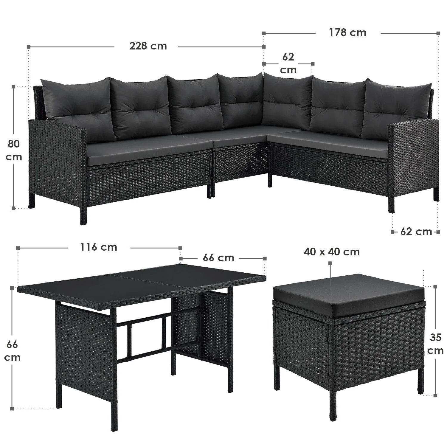 2025 Conjunto de jardín de resina trenzada Manacor negro con mesa, 2 pufs y cojines gris oscuro