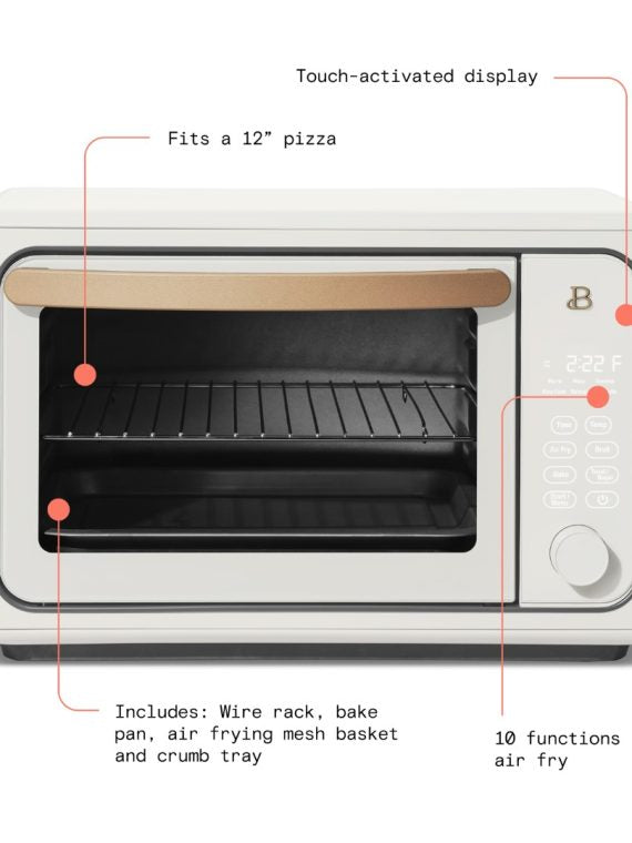 2025 Hermoso horno tostador con freidora de aire caliente táctil para 6 rebanadas, glaseado blanco por Drew Barrymore
