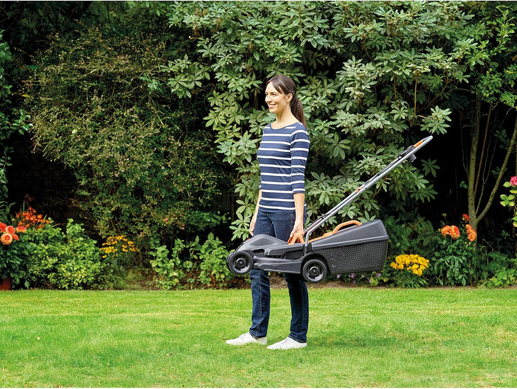 BLACK+DECKER Cortacésped eléctrico 1000W, ancho de corte 32 cm, ajuste de altura de 20-60mm, depósito de 35L, incluye desbrozadora 250W, sistema E-Drive, para jardines hasta 250m², BEMW351GL2