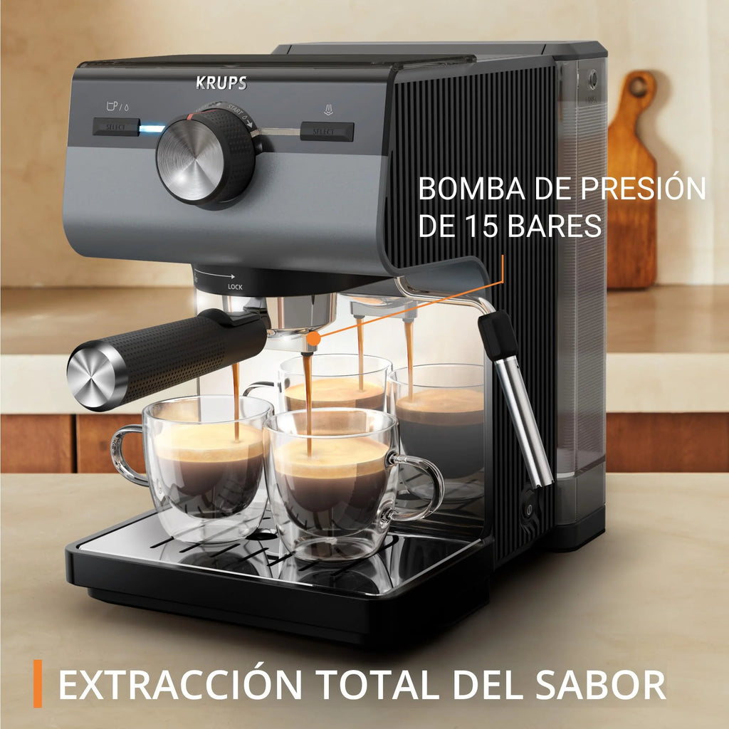 Krups Virtuoso Essential - Cafetera espresso 15 bar, acero inox negro, diseño compacto y elegante, parada automática, espresso y cappuccino, Thermoblock, boquilla de vapor, incluye cuchara, XP4418