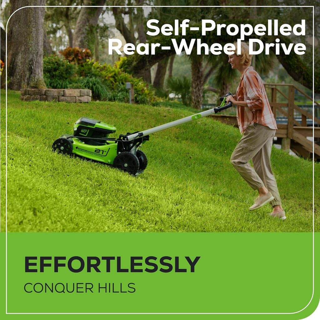 2025 Cortacésped inalámbrico Greenworks 60V 21″ (autopropulsado) con 2 baterías de 4,0 Ah y cargador rápido de doble puerto