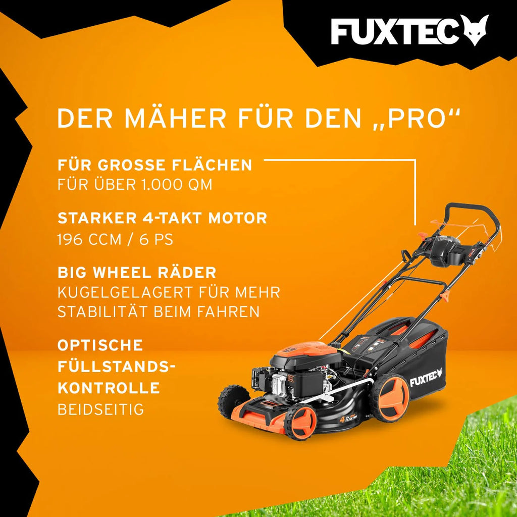 2025 Cortacésped de gasolina 4 en 1 FUXTEC FX-RM5196eS con motor ZIPGO, cortacésped de jardín con función de descarga lateral, ancho de corte 51 cm, motor de 4 tiempos con tracción trasera, ruedas grandes con rodamientos, bolsa de césped 60 L
