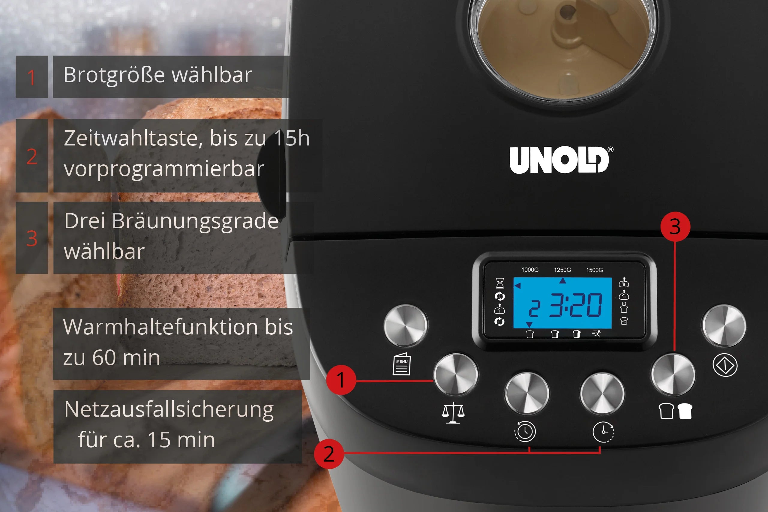 2025 Máquina de pan Unold Backmeister Big 850 W con 15 programas y capacidad de 1.500 g