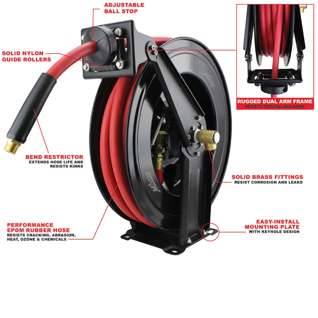 2025 Enrollador Automático de Doble Brazo de Acero con Manguera de Goma de 1/2" x 15 m – Máx. 300 PSI