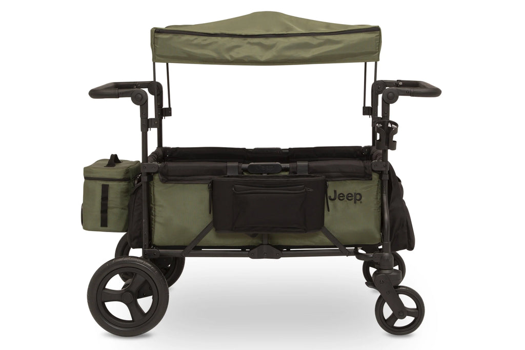 Carrito-Paseador Jeep Wrangler Deluxe – 2 Asientos con Arnés de 5 Puntos, Bolsa Térmica, Capota Anti-UV, Amplio Almacenamiento, Ruedas Todo Terreno Antipinchazos, Manillares Ajustables