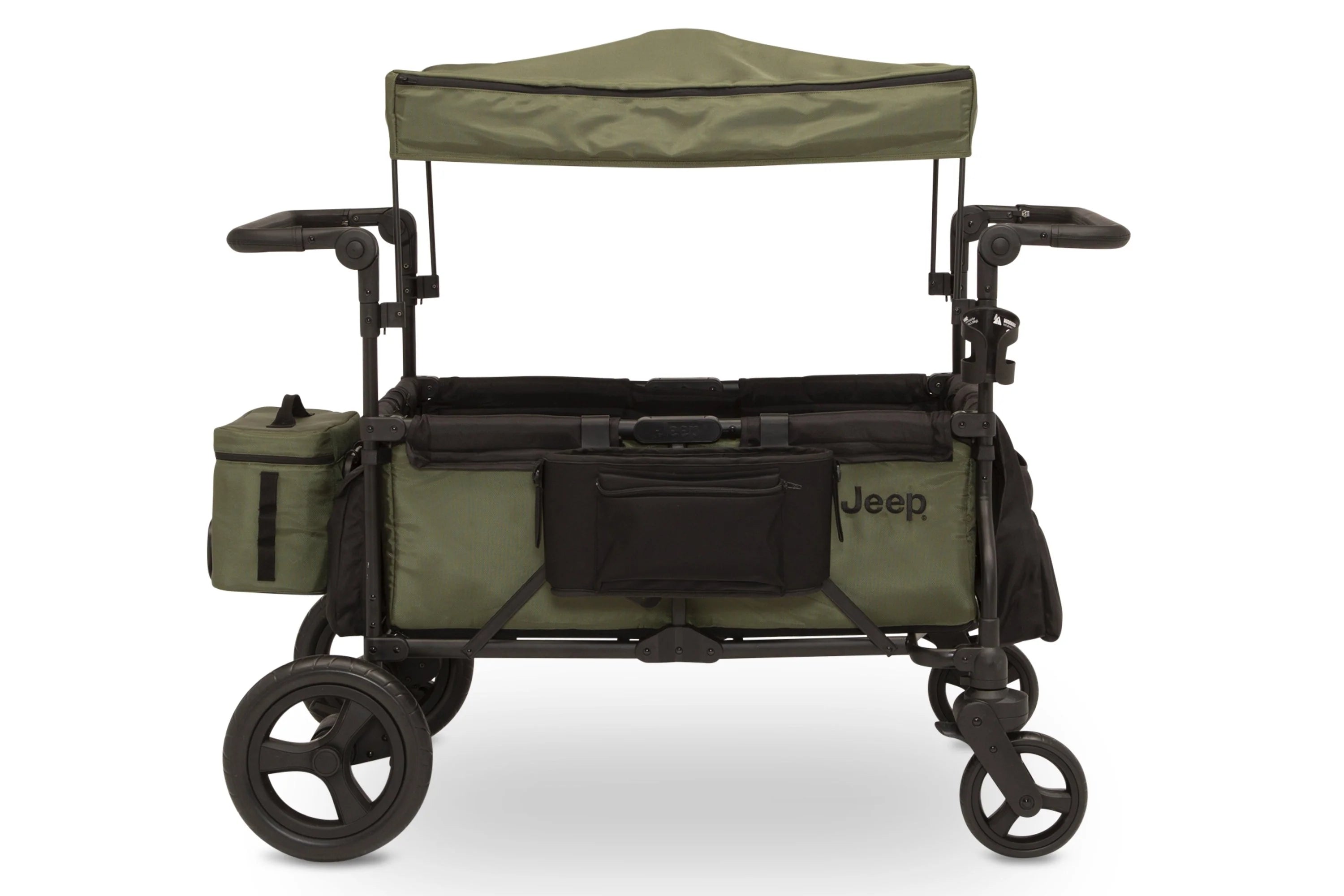 Carrito-Paseador Jeep Wrangler Deluxe – 2 Asientos con Arnés de 5 Puntos, Bolsa Térmica, Capota Anti-UV, Amplio Almacenamiento, Ruedas Todo Terreno Antipinchazos, Manillares Ajustables
