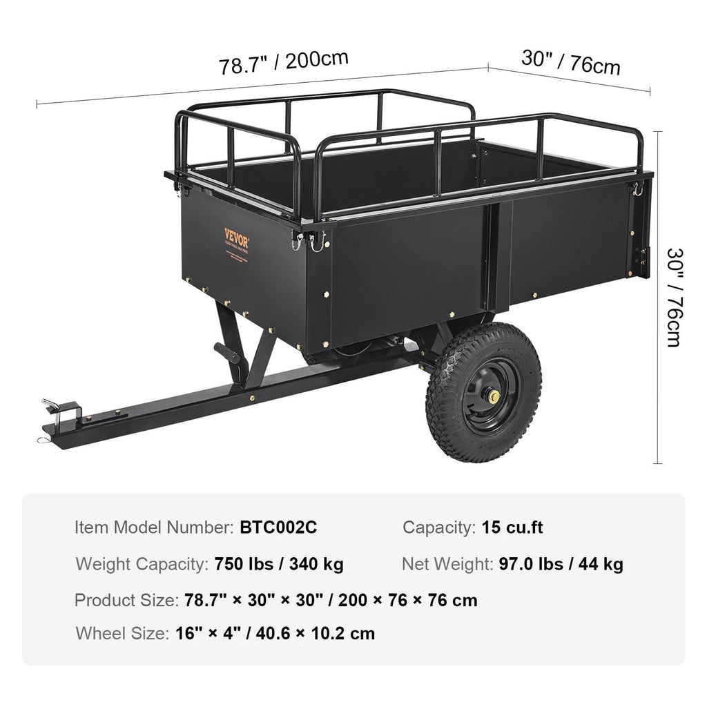 Remolque utilitario volquete VEVOR para ATV – 680 kg, 425 L – acero resistente con barandillas removibles