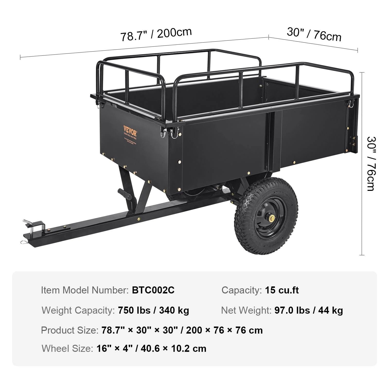 Remolque utilitario volquete VEVOR para ATV – 680 kg, 425 L – acero resistente con barandillas removibles