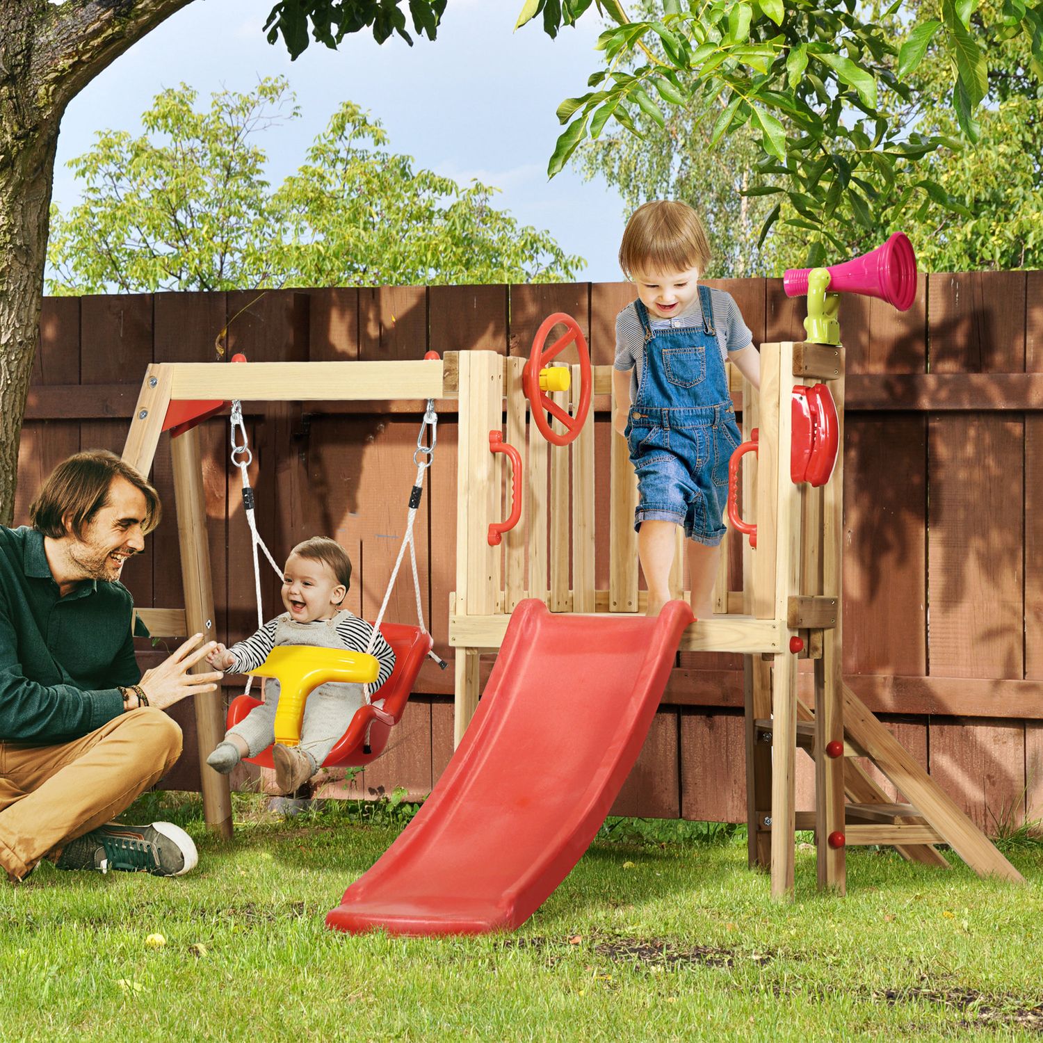 Tobogán Y Columpio Para Niños De Madera 170x200x118 Cm-outsunny.rojo
