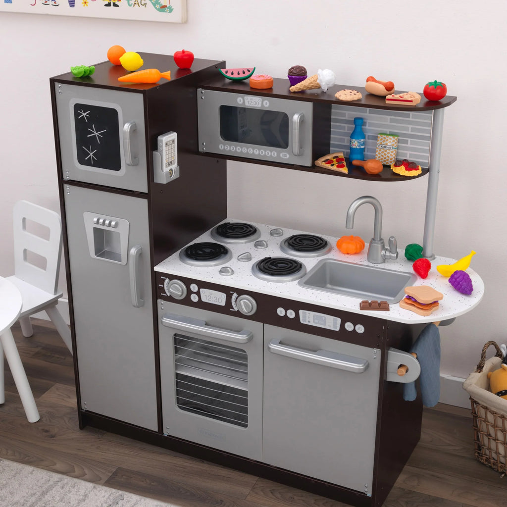 2025 Cocina de madera KidKraft Uptown Espresso con 30 accesorios de alimentos lúdicos