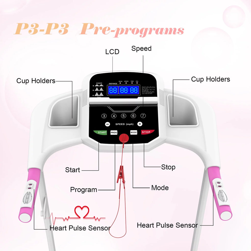 Cinta de correr plegable FYC para el hogar, 2,5 HP, velocidad hasta 12 km/h, motor eléctrico sin escobillas silencioso Proform para gimnasio en casa, tapiz con sensor de frecuencia cardíaca y pantalla LED (rosa)
