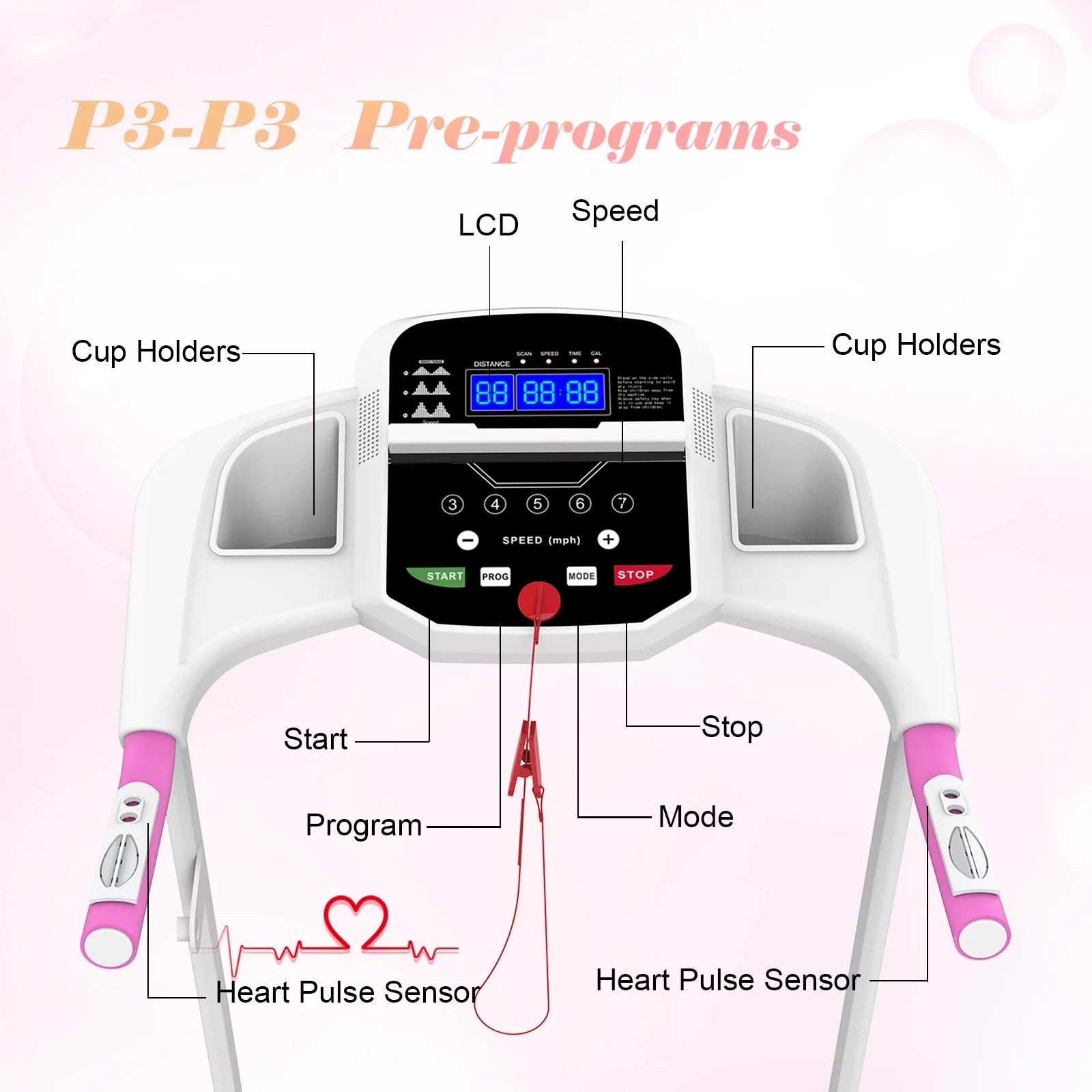 Cinta de correr plegable FYC para el hogar, 2,5 HP, velocidad hasta 12 km/h, motor eléctrico sin escobillas silencioso Proform para gimnasio en casa, tapiz con sensor de frecuencia cardíaca y pantalla LED (rosa)