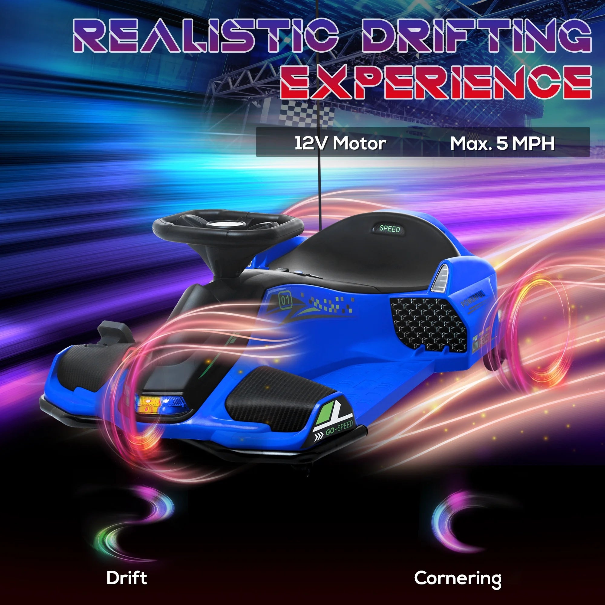 2025 Kart eléctrico Aosom 12 V con arranque progresivo, música y luces, azul.