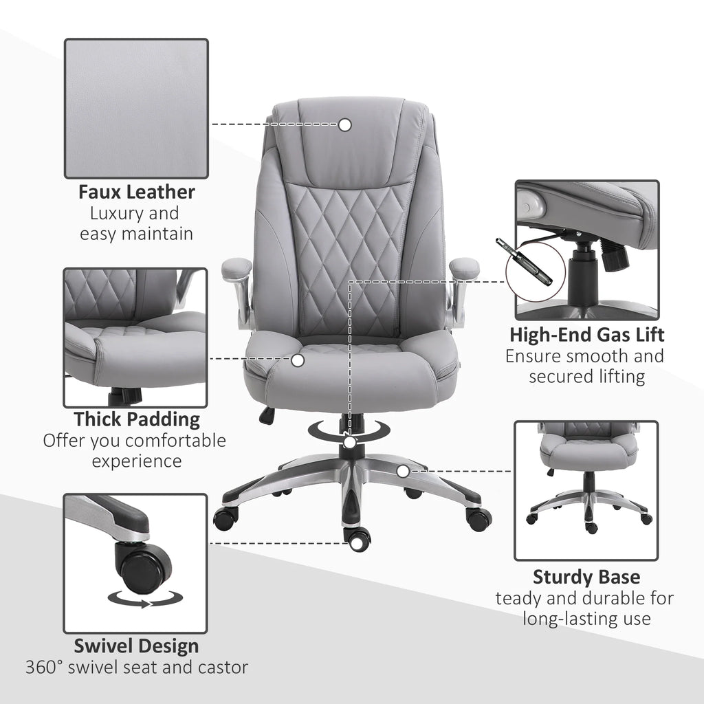 2025 Silla de Oficina de Cuero PU con Reposabrazos Abatibles, Altura Ajustable y Ruedas Giratorias, Gris