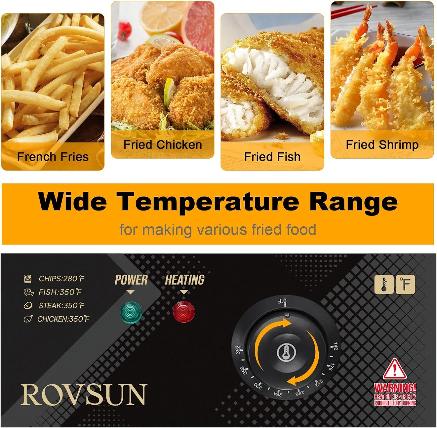 Freidora eléctrica ROVSUN de 23,8 Qt con gran canasta única y tapa, temperatura ajustable, freidora comercial de acero inoxidable para papas fritas, aros de cebolla y pavo, 5000 W.