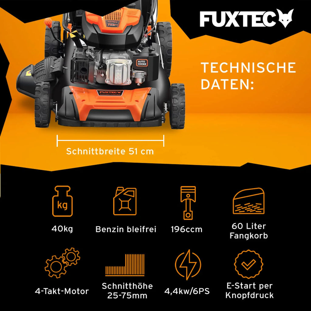 2025 Cortacésped de gasolina 4 en 1 FUXTEC FX-RM5196eS con motor ZIPGO, cortacésped de jardín con función de descarga lateral, ancho de corte 51 cm, motor de 4 tiempos con tracción trasera, ruedas grandes con rodamientos, bolsa de césped 60 L