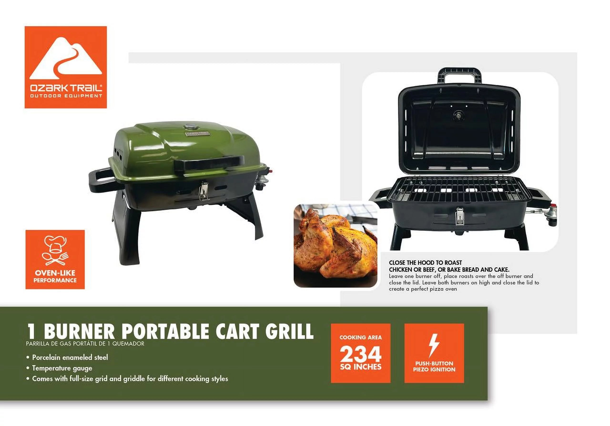 Parrilla portátil Ozark Trail a propano con 1 quemador y placa de cocción intercambiable.