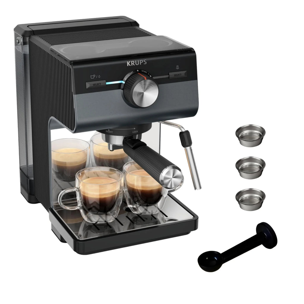 Krups Virtuoso Essential - Cafetera espresso 15 bar, acero inox negro, diseño compacto y elegante, parada automática, espresso y cappuccino, Thermoblock, boquilla de vapor, incluye cuchara, XP4418