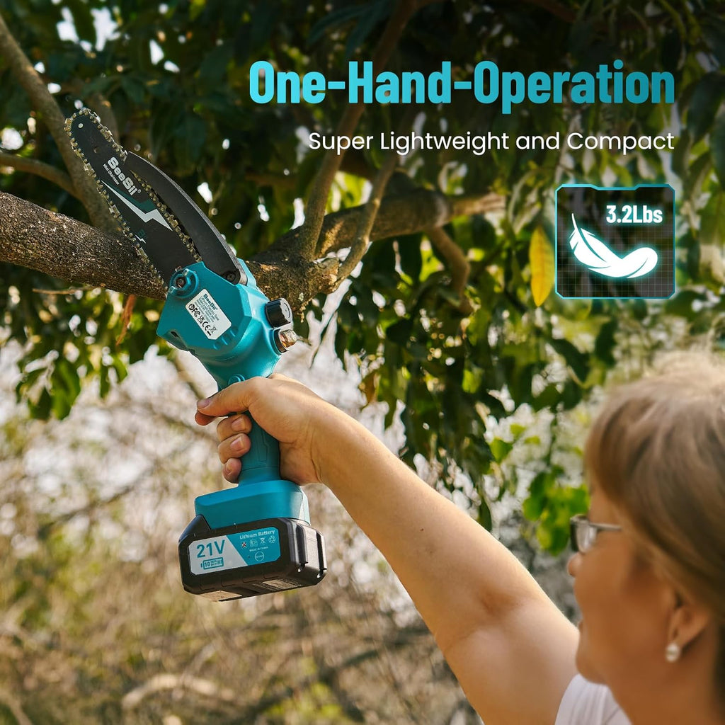 SEESII 2-in-1 Cordless Chain Saw and Mini Chainsaw with 2 4000mAh Batteries, 8 Inch Brushless Chainsaw with Telescopic Pole, Extendable up to 15 Feet for Tree Pruning