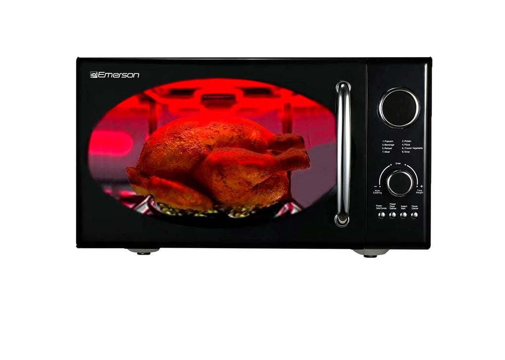 2025 Microondas retro negro Emerson 0,9 pies³ 800 W con función grill, modelo MWRG0901BK.